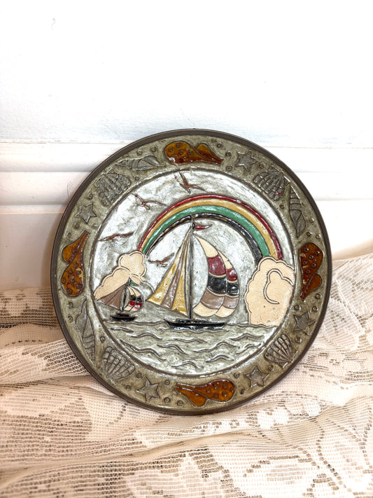 Vintage Brass Rainbow Over Sea Sailboats