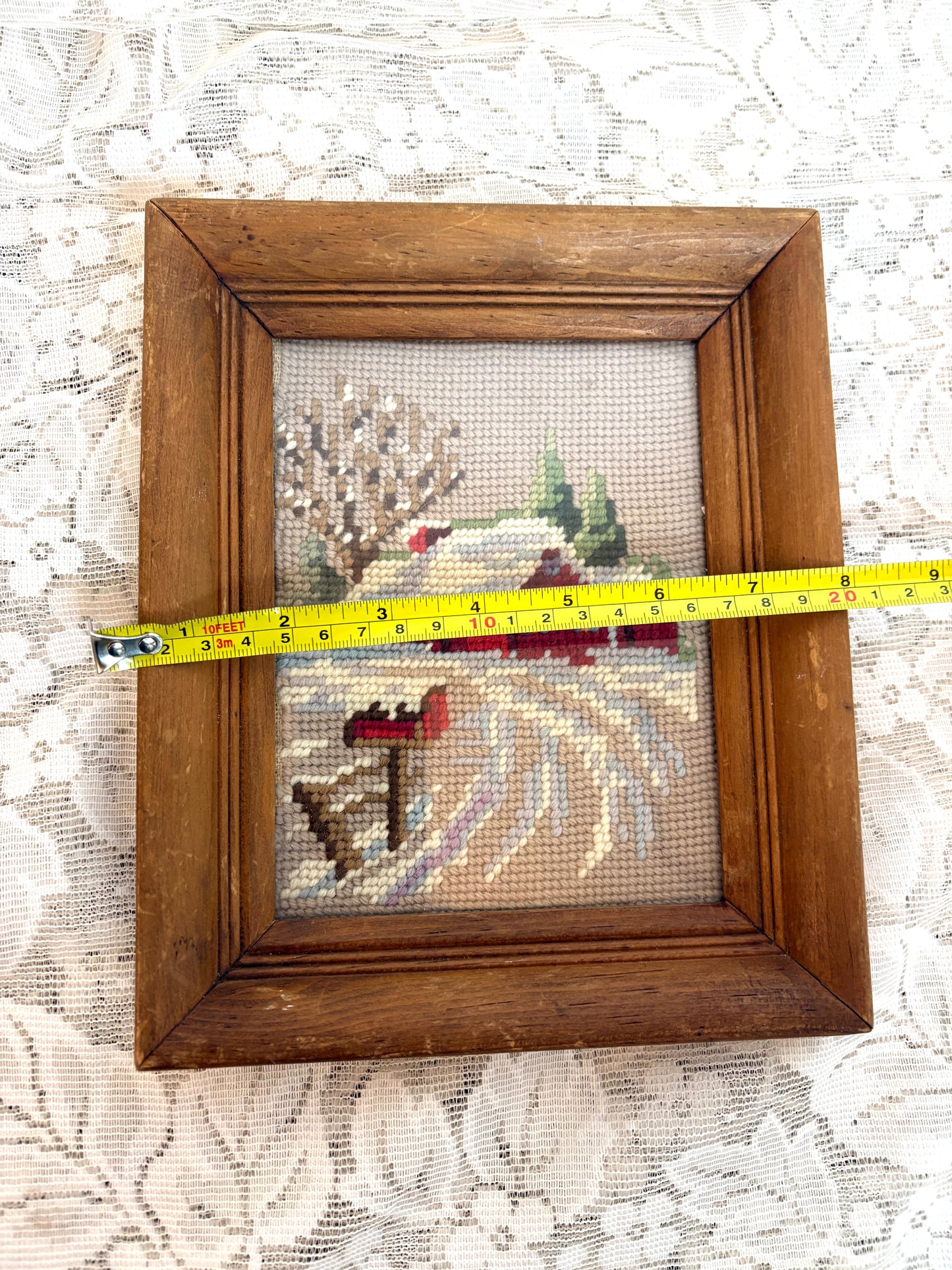Needlepoint art Cottage house with vintage wooden frame