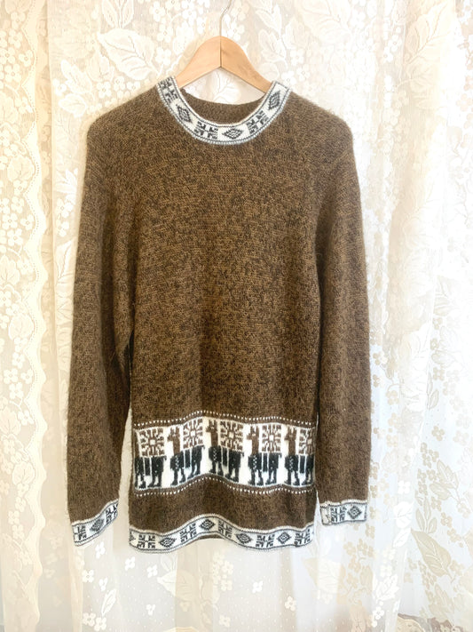 Vintage Unisex Brown Knitted Pullover Soft Winter Sweater Grey Peruwian Crewneck Top Blouse 1990s 2000s Size L